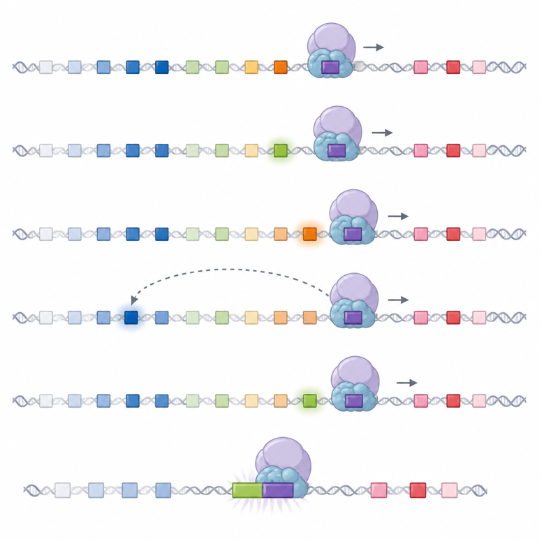 How a scanning enzyme moves along DNA to pick nearby light-chain gene pieces for antibody editing.