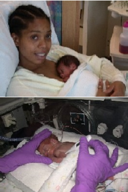 Mom holds baby (top); baby receives care in incubator (bottom)