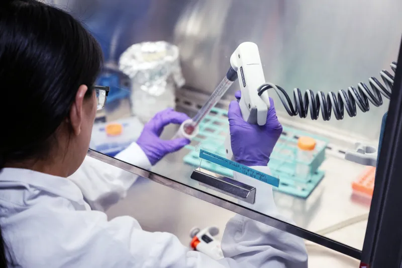 A scientist uses a pipette gun to fill a beaker at a lab station.