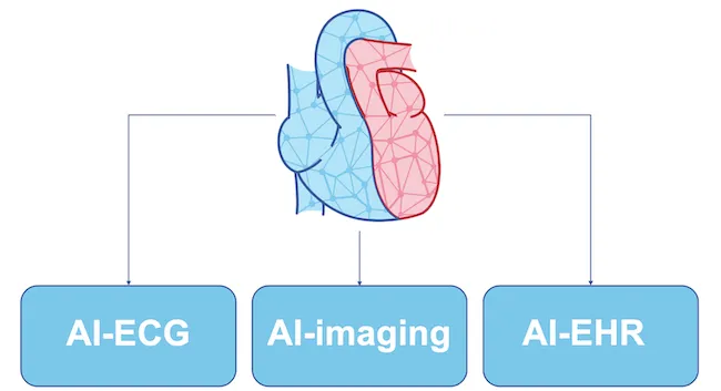 heart illustration with three boxes for AI-ECG, AI-imaging, and AI-EHR