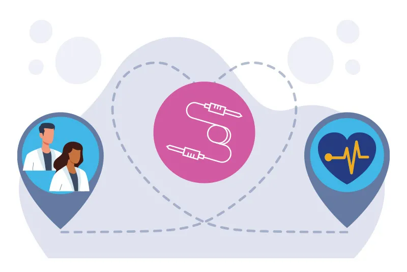 An illustration of a catheter in the center connects an image of doctors on the left with one of an EKG line of a beating heart.