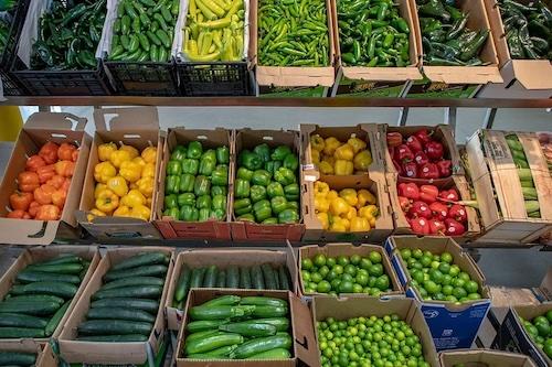 Farmer's market shelf of vegetables