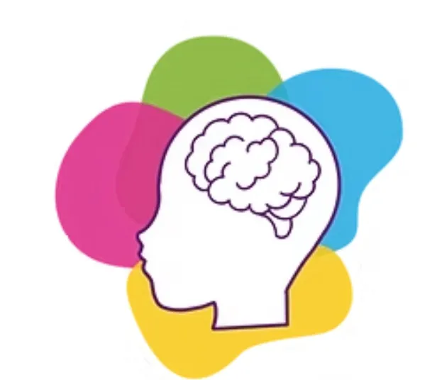 Brain Illustration surrounded by colorful cloud shapes