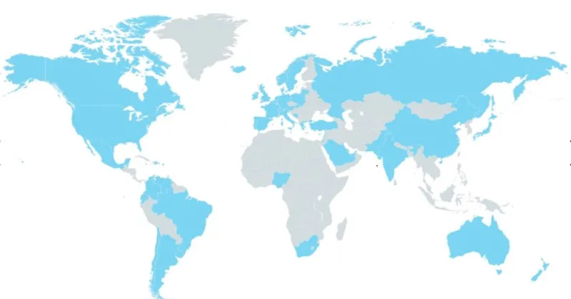 Light blue and grey flat map of the world with the ocean areas appearing in white.