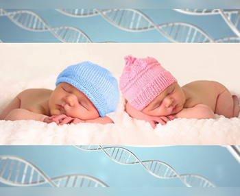 Two babies, one with a pink hat and one with a blue, sleep on a fluffy surface. 