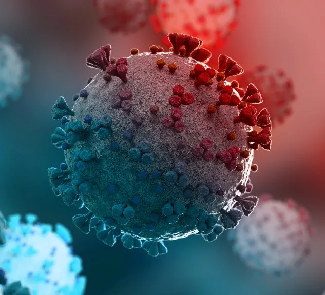 microscopic image of a covid-19 cell.