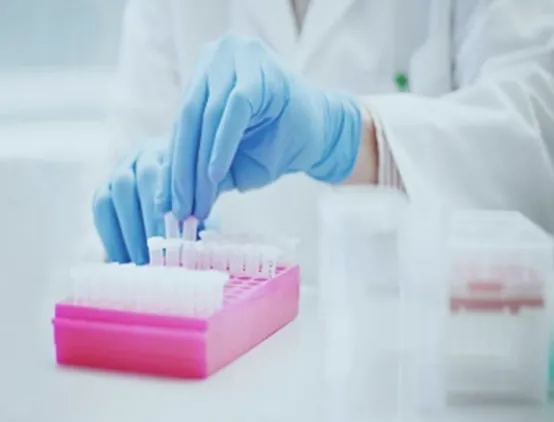 A scientist out of frame puts test tubes into a pink box.