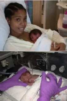 Mom holds baby (top); baby receives care in incubator (bottom)