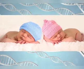 Two babies, one with a pink hat and one with a blue, sleep on a fluffy surface. 
