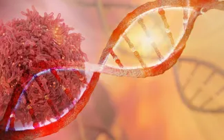 An artistic rendering of a DNA strand on an orange background.