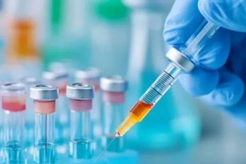Researcher hand using a syringe to put a liquid sample into a test tube