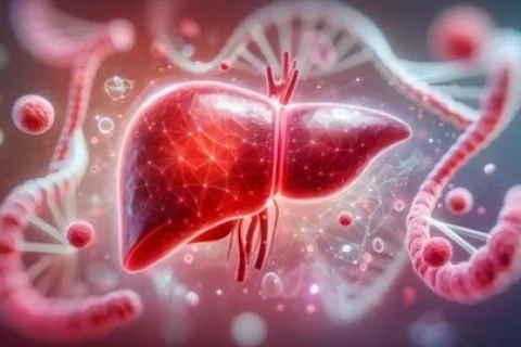 Liver surrounded by cells and dna strands